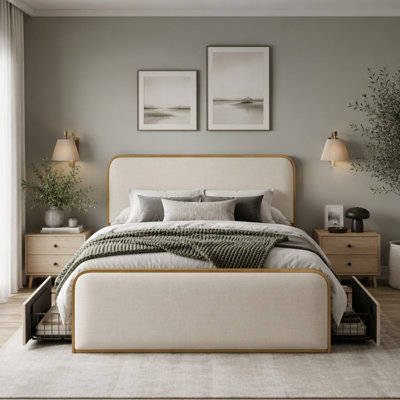 Metal Linen Upholstered Bed with 4 Storage Drawers