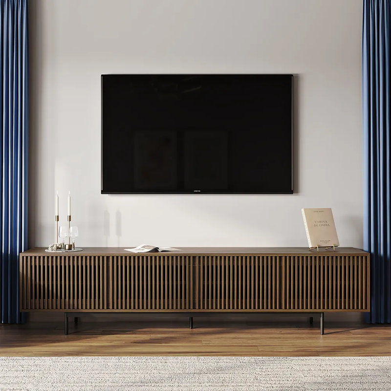 Meuble télé moderne Mid-Century, H 21,26 po x l 95 po x P 18,89 po, Noyer