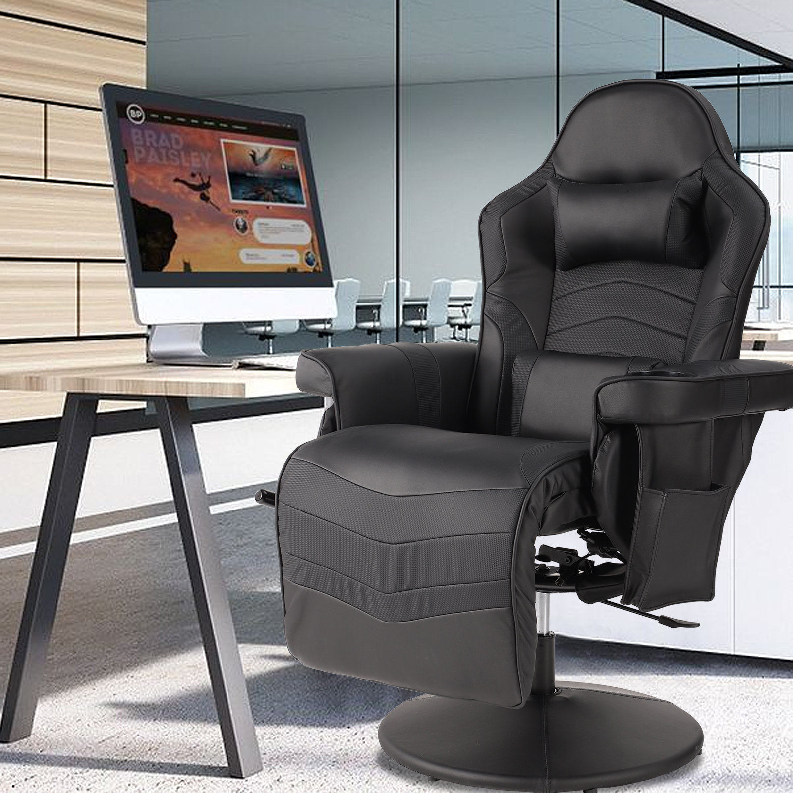 Inbox Zero Adjustable Reclining Faux Leather Swiveling PC & Racing Game Chair with Footrest Inbox Zero Color: Gray