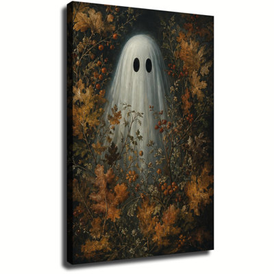 Fantôme niché dans des feuilles de chêne d'automne et des baies rouges, peinture à l'huile vintage sur toile pour l'Halloween d'automne