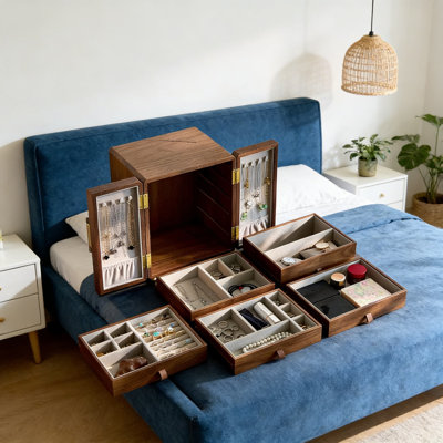 Boîte à bijoux faite à la main à double porte avec fermeture magnétique, organisateur de rangement à 5 couches pour bagues, colliers, boucles d'oreilles et bracelets, avec bois de noyer noir et doublure en velours
