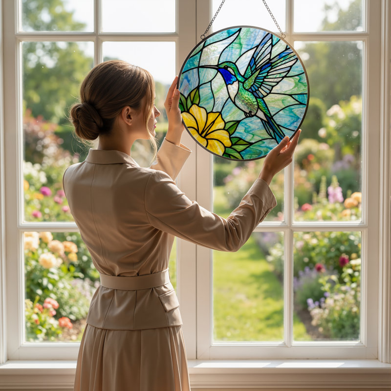 Panneau de vitrail 12 "Hummingbird Flower, 12" H x 12" W