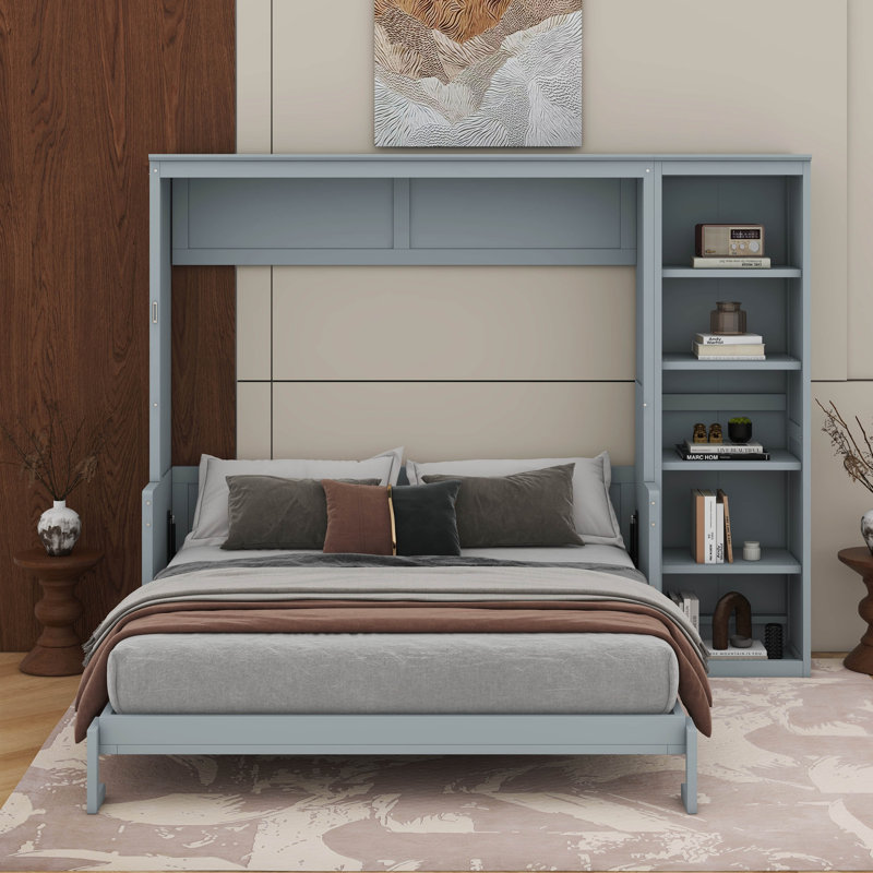Grand lit escamotable avec bureau et bibliothèque, Gris