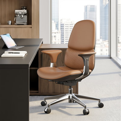 Fauteuil de direction en cuir véritable, fauteuil de bureau pivotant ergonomique à dossier moyen, fauteuil de bureau à haut dossier avec base en alliage d'aluminium poli, hauteur réglable