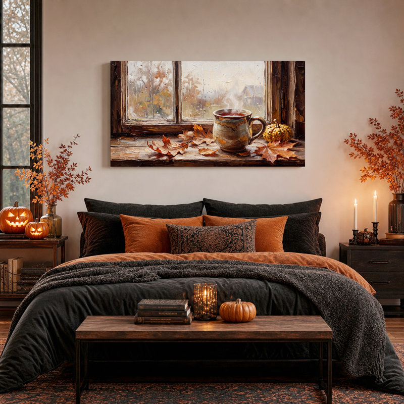 Tasse fumante et feuilles d'automne sur une toile murale pluvieuse d'Halloween, L 32 po x H 16 po