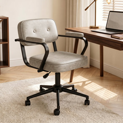 Mid-Century Modern Faux Leather Office Chair with Button-Tufted Backrest, Padded Armrests, Wide Cushioned Seat, Adjustable Height, 360° Swivel Rolling Casters and SGS-Certified Gas Lift，Beige