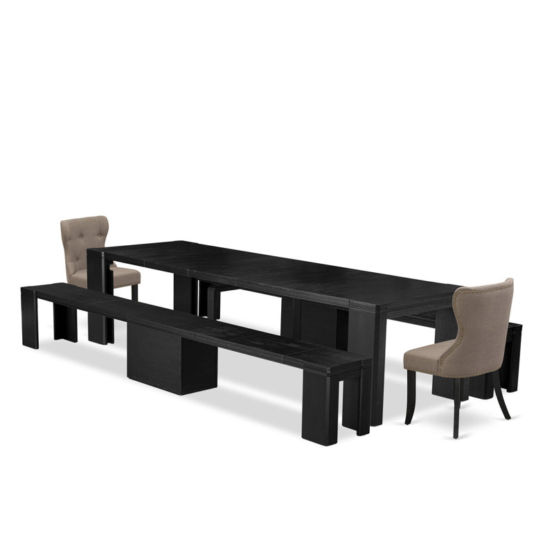5-pc Modern Dining Room Table Set, a Rectangular Kitchen Table and 2 wooden Benches, and 2 coffee Linen Fabric Dining Chair, Wire Brushed Black
