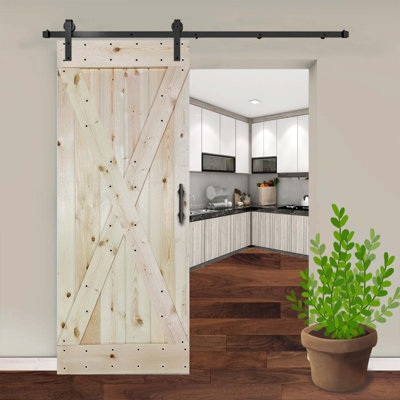 Porte de grange lambrissée peinte en bois avec trousse de quincaillerie d'installation