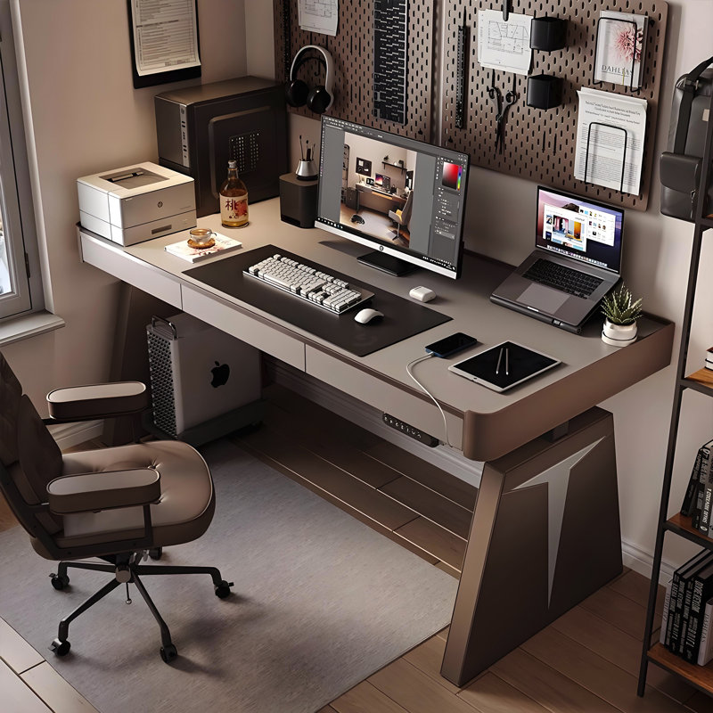 Bureau à hauteur réglable moderne et luxueux brun électrique | Bureau d'ordinateur de qualité supérieure enveloppé de cuir de qualité supérieure pour bureau personnel