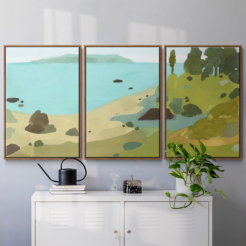 «Coastal Inlet II», peinture sur toile 3 pièces, H 36 po x l 75 po, Cadre noyer