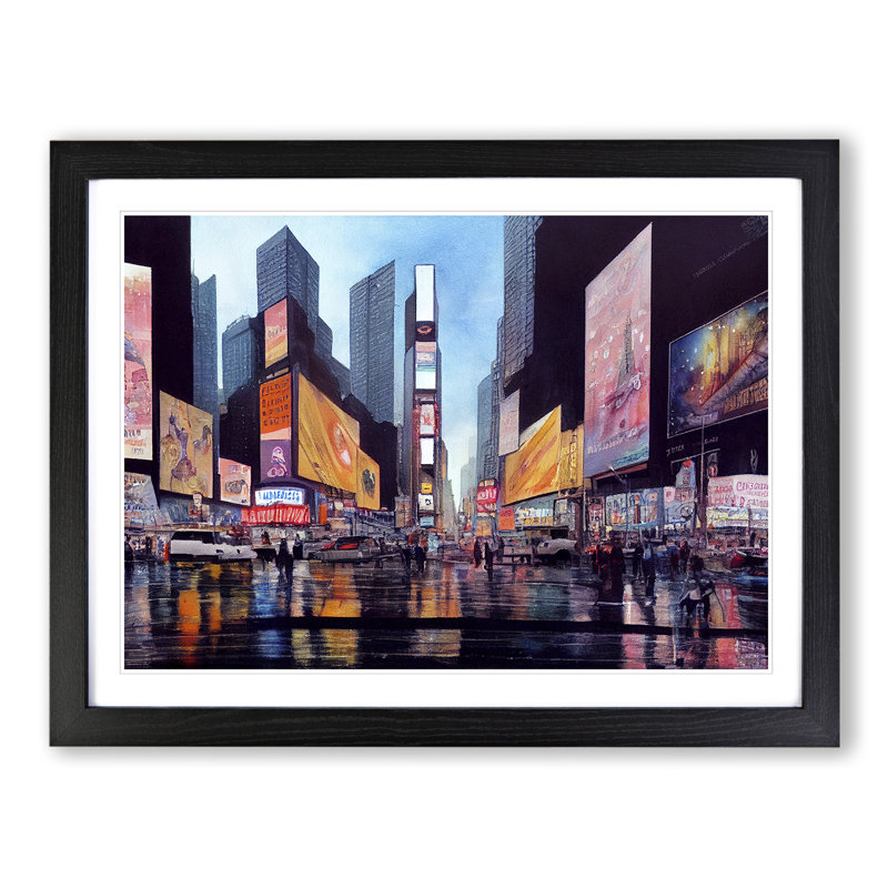 Times Square New York Watercolour Vol.1 - Single Picture Frame Print, 25cm H x 34cm W x 2cm D, Black Framed