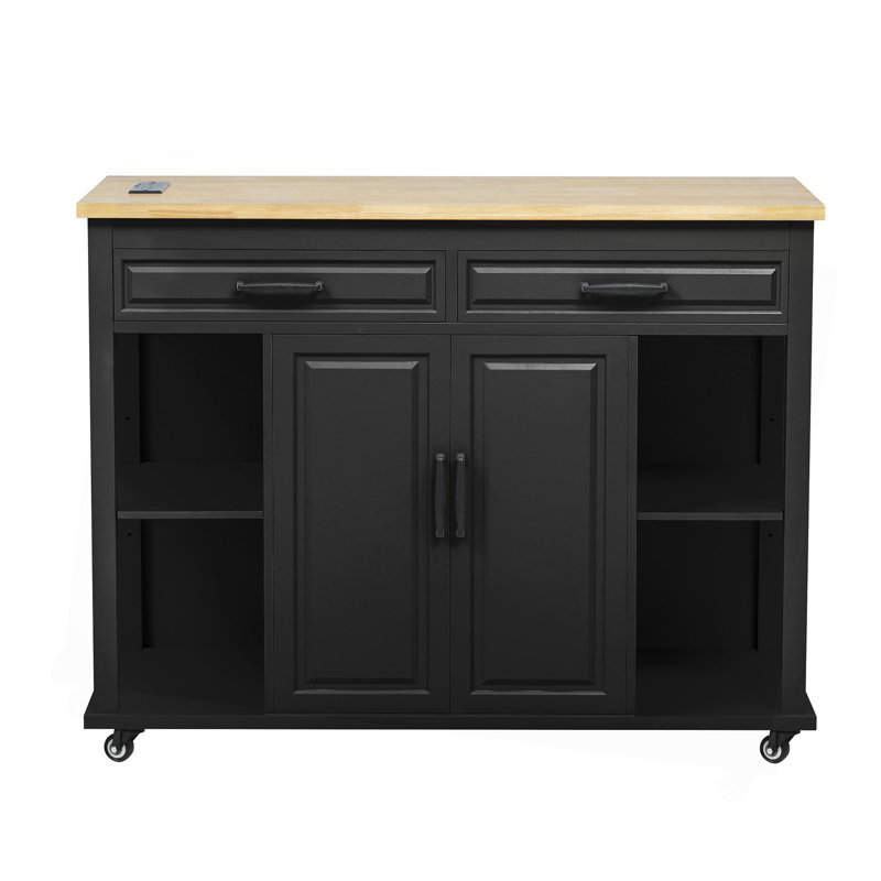 47 Inch Kitchen Island With Extendable Dining Table, Rubber Wood Veneer Kitchen Table With Internal Storage Rack, Power Outlet, Kitchen Island With Storage 2 Drawers 2 Cabinet