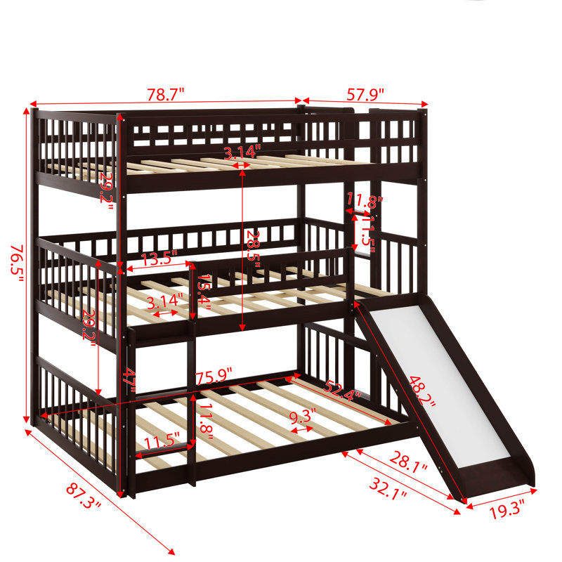 Triple Full-Size Stacked Bunk Bed With Built-In Ladder And Slide, Espresso