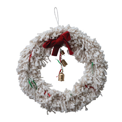 Handmade Cotton Blend Yarn Wreath With Red Bow, Red And Green Ribbons And Metal Bells