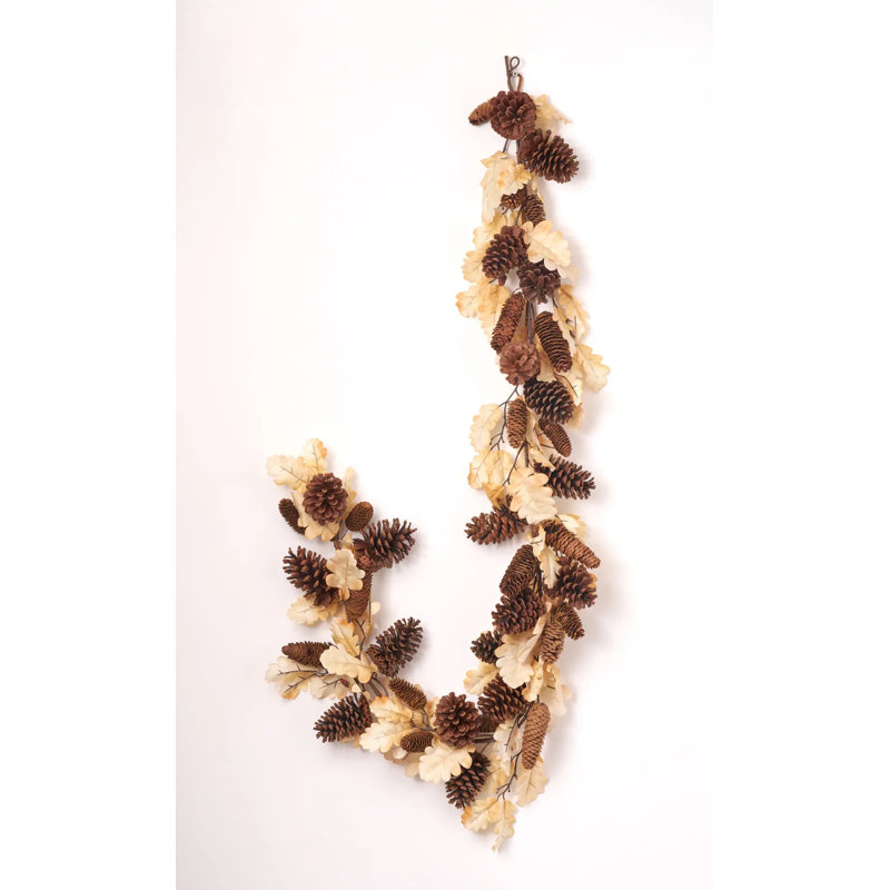 Guirlande de cheminée d'automne en feuilles de chêne beiges et pommes de pin, chemin de table pour l'Action de grâce - 1,80 m