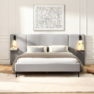 Grey Linen Bed Frame For Queen, Built - In Lights And Shelving, Bedroom Essential Chic Soft With Shelves, Queen Size, Upgrade