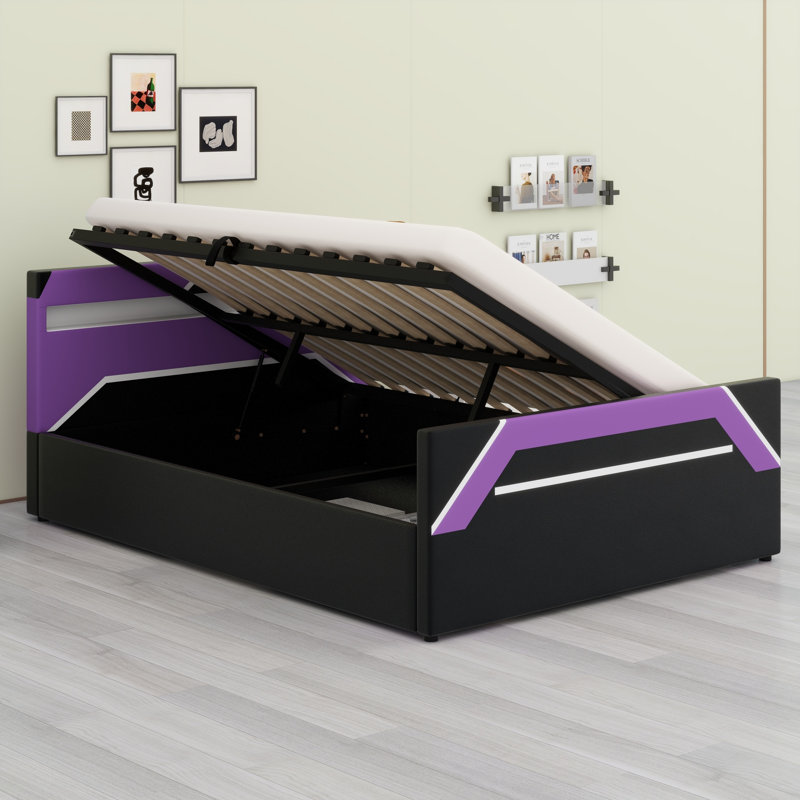 Upholstered Bed, Black+Purple