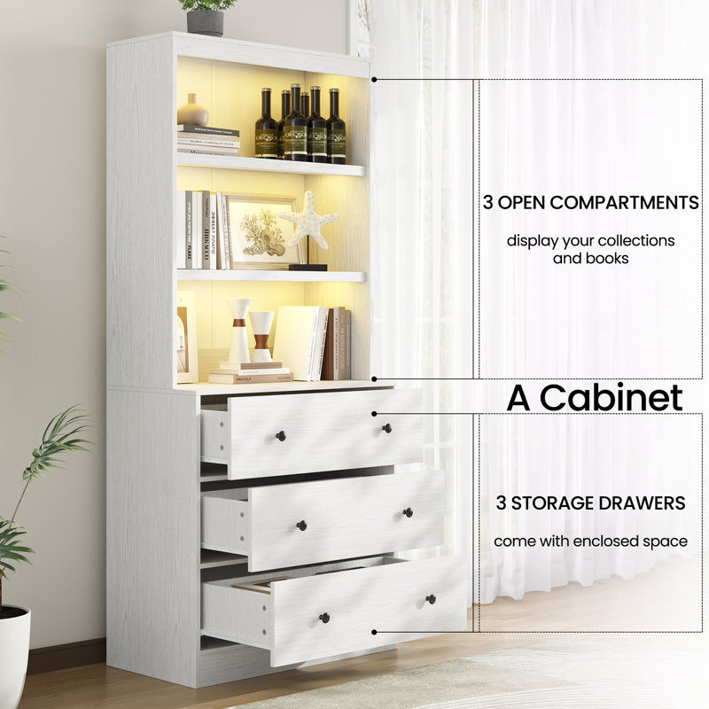 71"H X 94.4"W Book Cabinet Storage Bookcase with USB & Type-C Charging Ports and LED Lights (4A), White