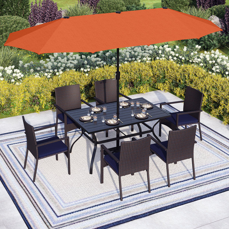 6 - Person Patio Dining Set with Rectangular Table , Cushions Included, Red