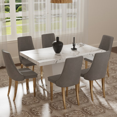 7 Pieces Modern Farmhouse Rectangle Dining Set with Mid-century High Back Dining Chair Set for 6
