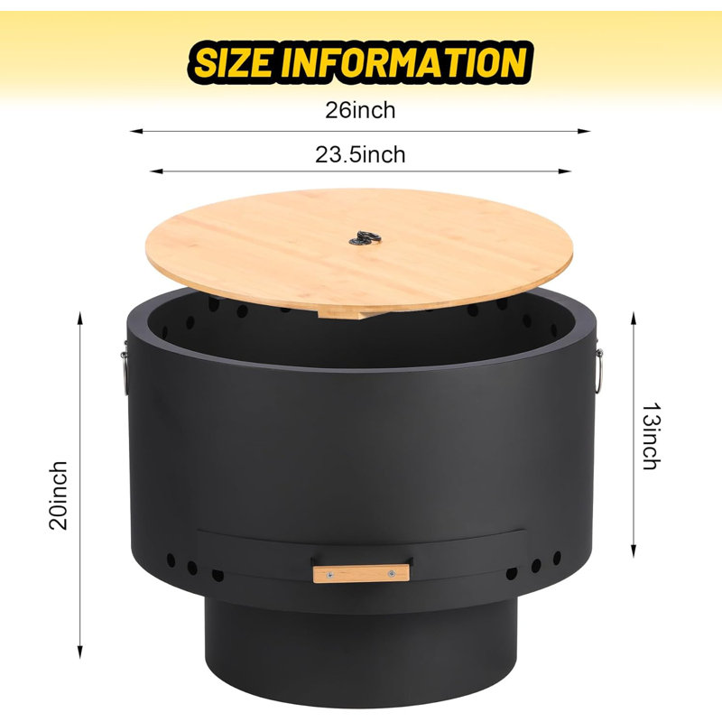 26 Inch Smokeless Firepit, Outdoor Fire Pit Table With Removable Ash Pan, Bamboo Lid, Portable Carbon Steel Firepit
