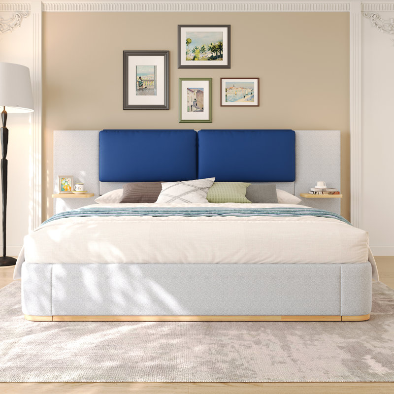 Lit plateforme tapissier avec panneau, Bleu/gris, Très grand