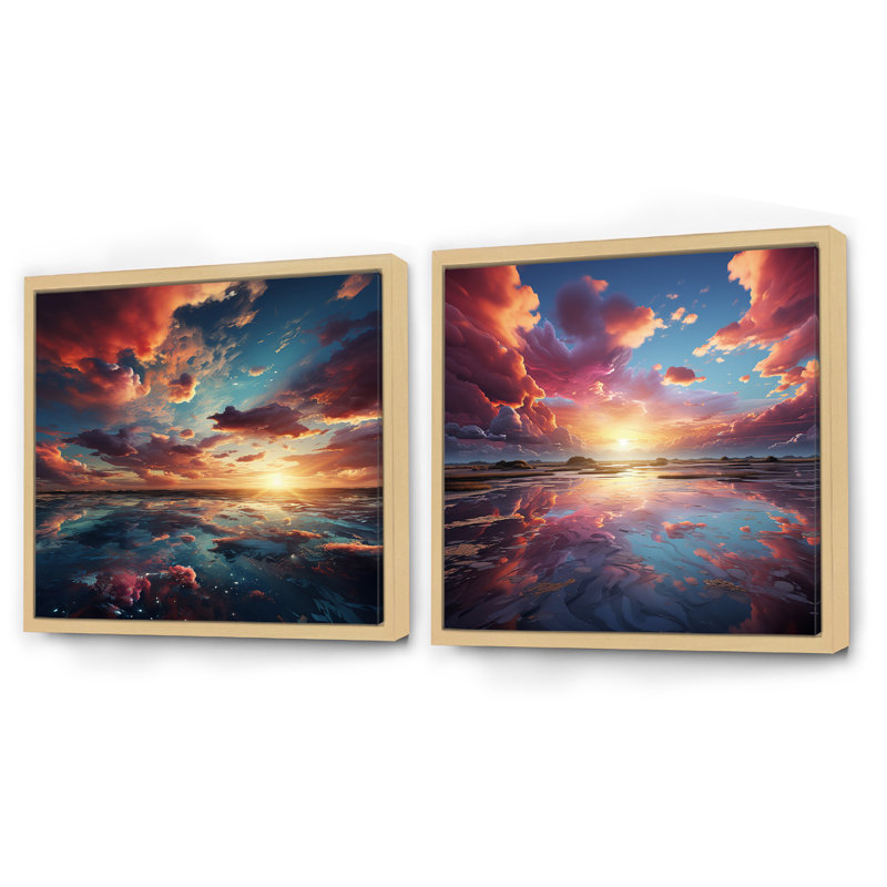 Majestic Dream Sunset Horizon - ensemble de 2 collages carrés Sunset, H 16 po x l 33 po, Cadre flottant brun