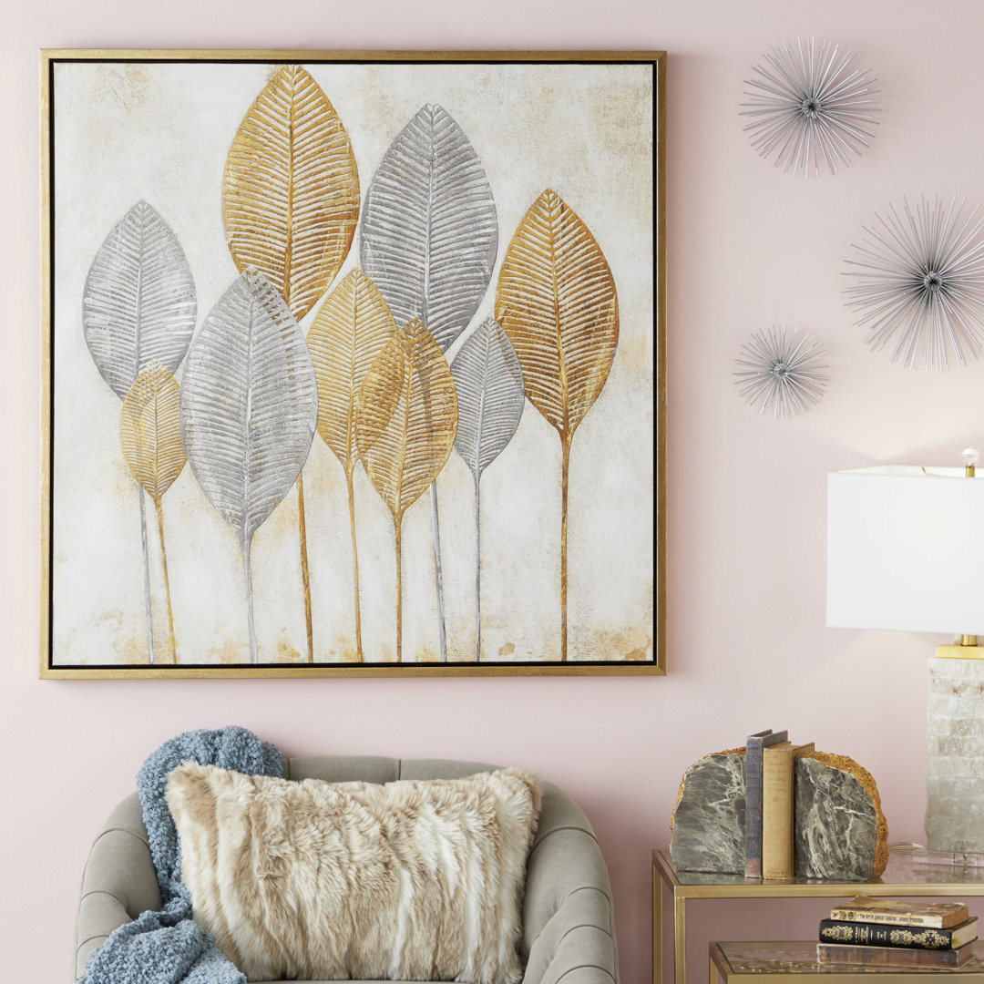 Canvas Leaf Living Room Framed Wall Art with Silver Accents and Gold Frame CosmoLiving by Cosmopolitan 