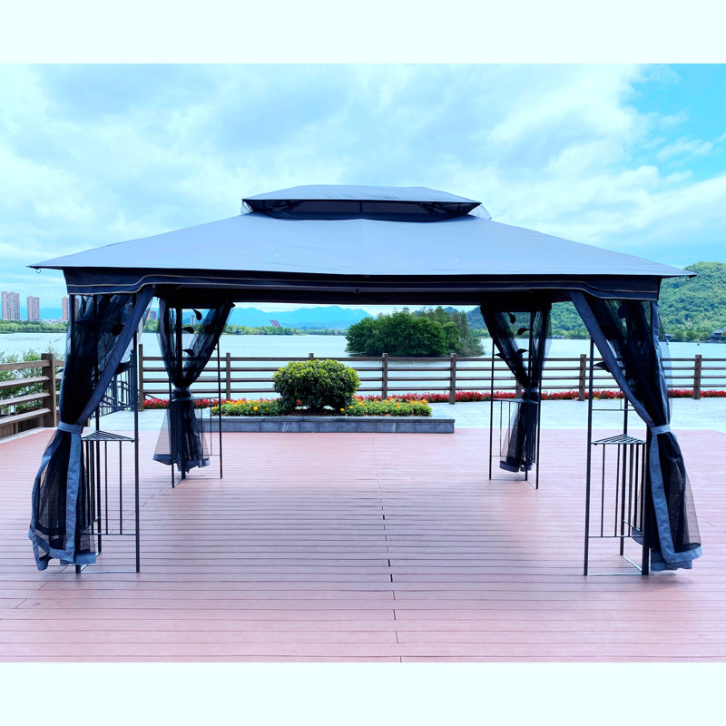 Outdoor Patio with Ventilated Double Roof and Mosquito Net 13 Ft. W x 10 Ft. D Steel Gazebo, Gray