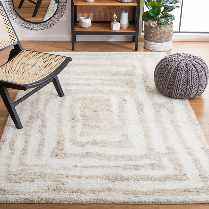 Tapis ivoire / beige en laine tissé à plat à la main Kass, Rectangle de 5 pi x 8 pi