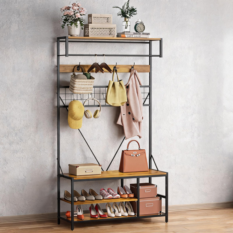 5 in 1 Hall Tree with Bench, with Bench and Shoe Storage, Yellow