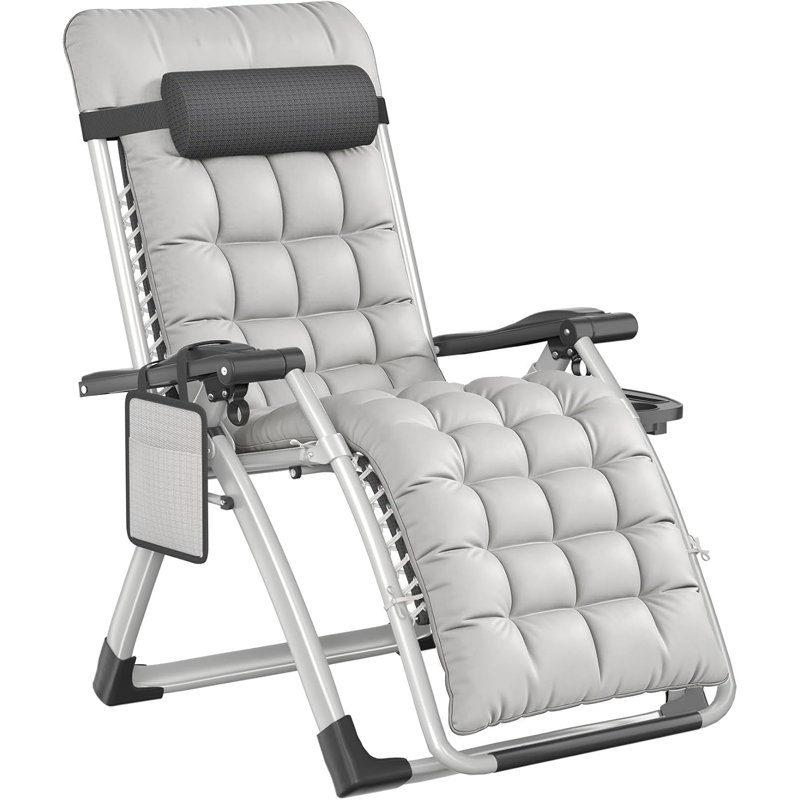 1 Pack Sun Loungers for Garden Heavy Duty Zero Gravity Chairs Padded Folding Deck Recliner 90-170° with Pillow, Cup Holder & Side Pocket Textilene Steel Frame 150kg Capacity
