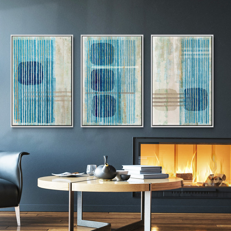 Blue Blue Horizon I, ensemble de 3 toiles encadrées, Blanc, H 36 po x l 72 po