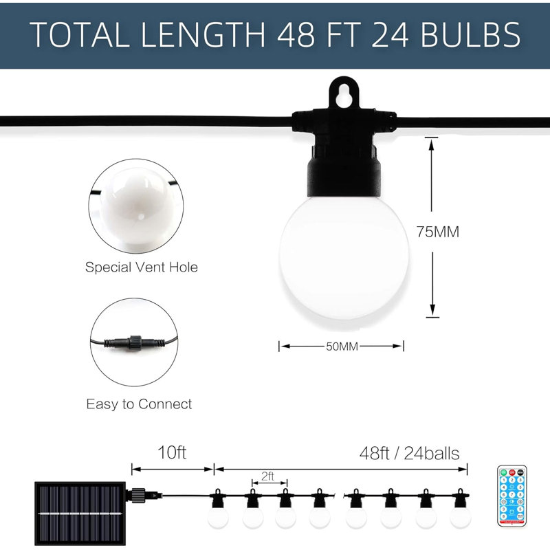 Guirlande de 48 lumières sphériques pour 48 ampoules à énergie solaire (connectable de bout en bout)