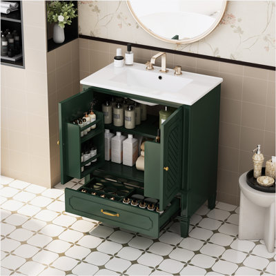Meuble-lavabo 30 po avec lavabo style rétro, espace de rangement multifonctionnel, tablette de porte, porte à fermeture en douceur
