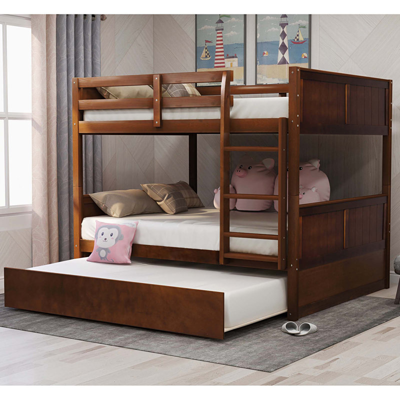 Khaleesa Full Over Full Bunk Bed with Twin Size Trundle for Bedroom, Walnut