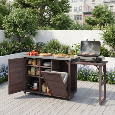 78.3" Oversized Foldable Outdoor Kitchen Island, Solid Rolling Bar Cart with Stainless Steel Top & Trash Storage for Lawn Garden BBQ by Arlmont & Co.