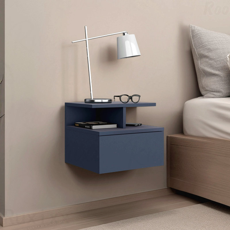 Table de chevet flottante bleu marine, avec un tiroir et deux petites tablettes inférieures, Marine