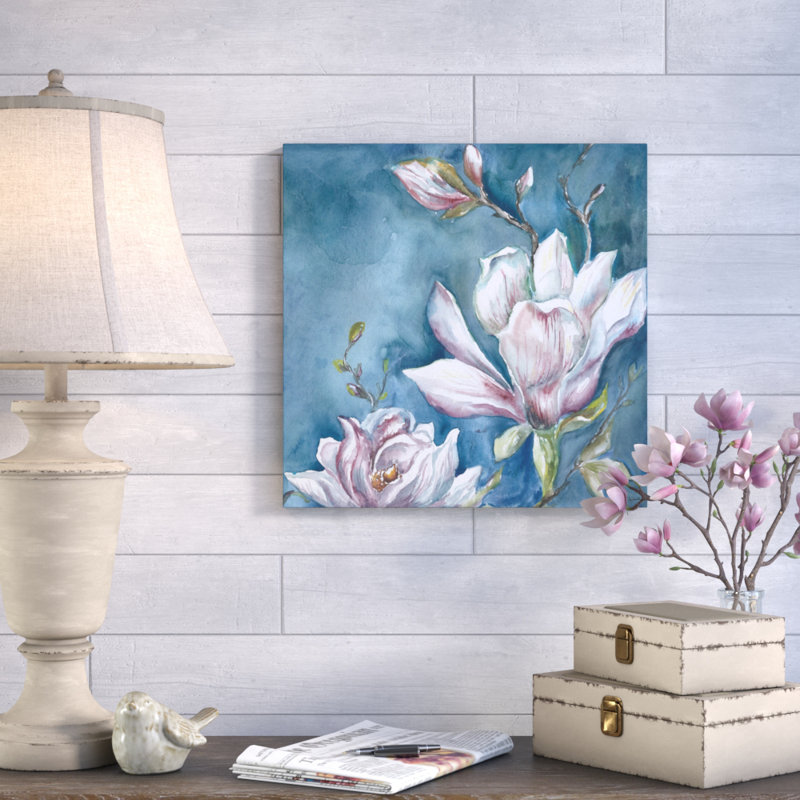 « magnolia on blue », reproduction sur toile tendue, H 12 po x l 12 po