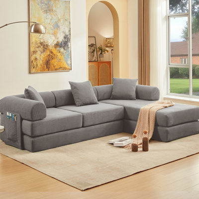 Canapé modulaire en L 107 po, convertible 7 en 1, revêtement en velours côtelé, sans assemblage, bricolage, canapé-lit pliant, poche latérale, 4 sièges, gris