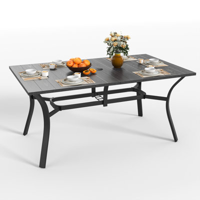 Industrial Metal Dining Table With Wood Grain Finish, Black, For Versatile Indoor-outdoor Use