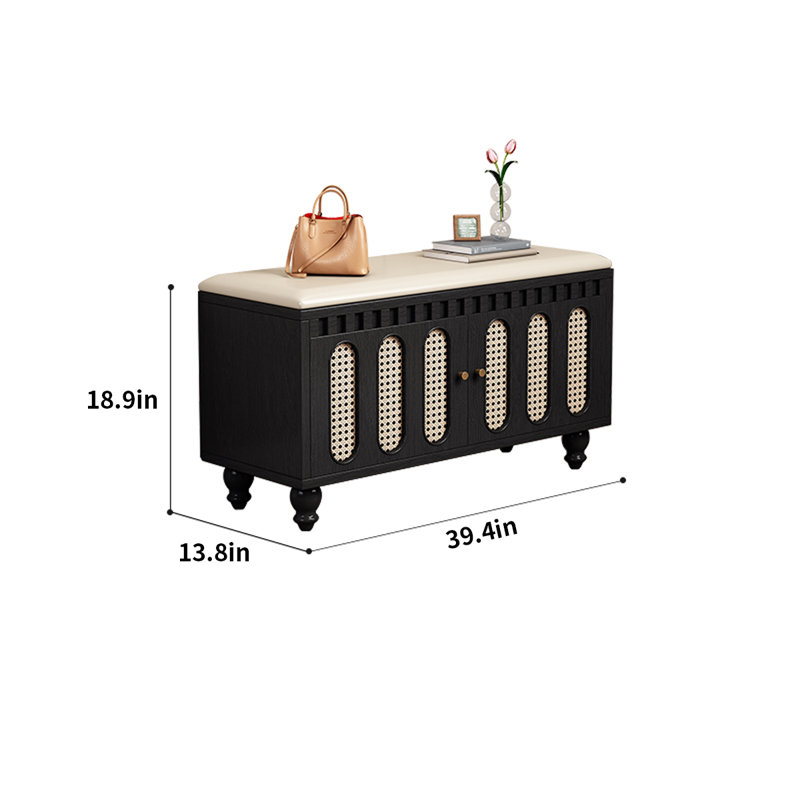 Solid Wood Shoe Storage Bench with Seat Cushion, Black