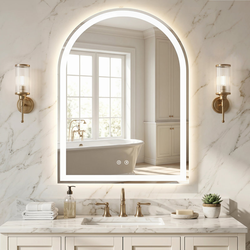 Wall-Mounted Arched Mirror LED Anti-Fog Bathroom Mirror, Adjustable Brightness and Color Temperature Vanity Mirror