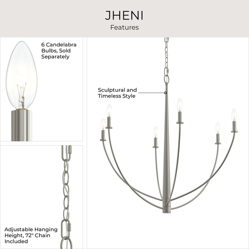 Jheni Six-Light Brushed Nickel Chandelier, Brushed Nickel, 34
