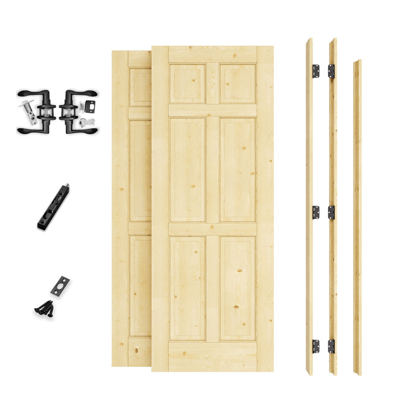 Porte française intérieure de 60 po x 80 po, portes en bois de pin à 6 panneaux, bois de pin massif à peindre sans finition, ensemble de cadre complet, charnières noires, 4 leviers courbés et loquet, fabrication en bois de pin naturel robuste