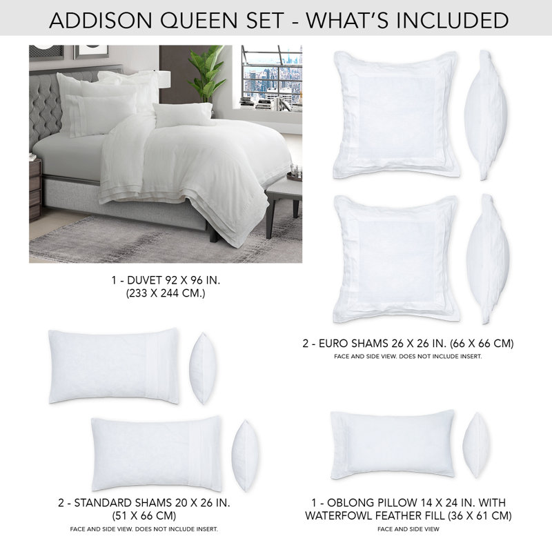 Addison Linen Duvet Set - White, Queen Duvet Cover + 4 Shams + 1 Pillow