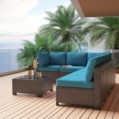 7-Piece Outdoor Patio Sectional Sofa Set - All-Weather PE Rattan Wicker Conversation Furniture with Removable Thick Peacock Blue Cushions & Glass Top Coffee Table - For Backyard, Garden, Balcony, Porch - Dark Brown Bright Rattan + Peacock Blue Cushion