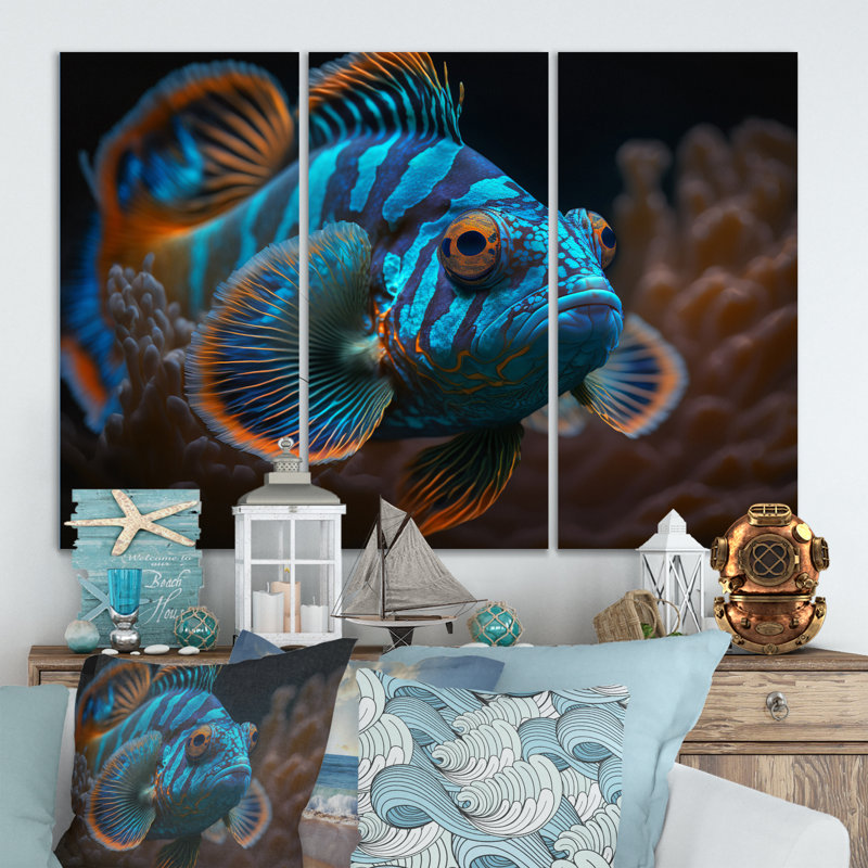 «Beautiful Mandarin Fish In Blue Shades», reproduction sur toile 3 pièces, H 32 po x l 48 po x P 1 po, Toile tendue