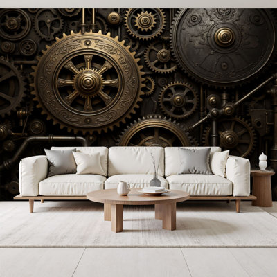 Peel and Stick Wallpaper Intricate Steampunk Gears Machinery Bronze Tones Wall Murals 69"H x 96"W Removable PVC Wall Paper Self-Adhesive Wall Decor for Bedroom Living Room Home Office