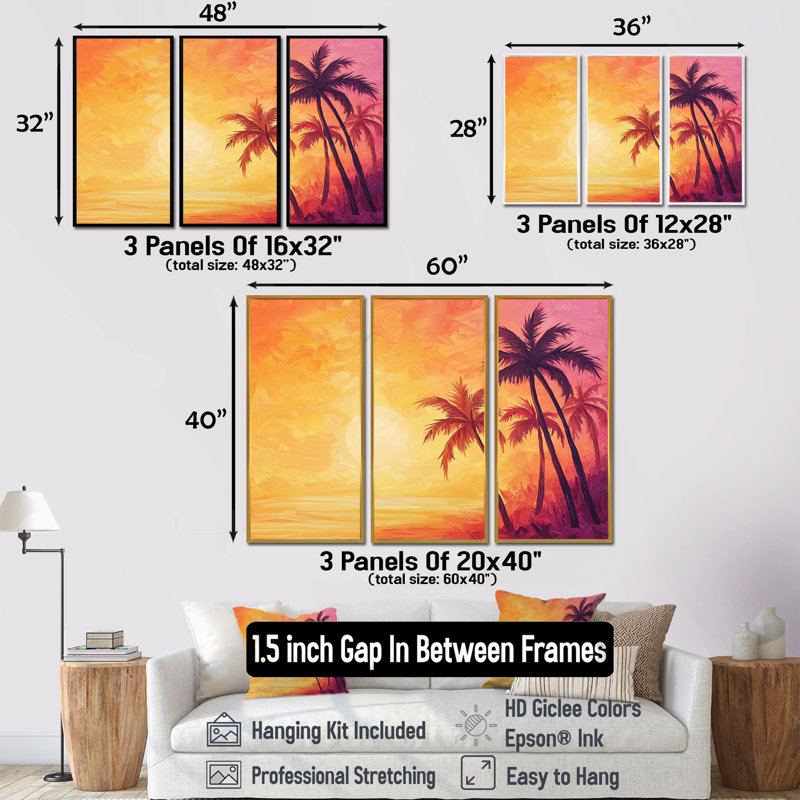 Sunset Oasis Palm Trees II - Ensemble de décoration murale Palmiers, H 32 po x l 48 po, Reproduction avec cadre flottant